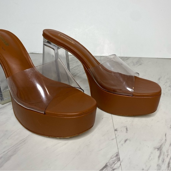New! Larroude Dolly Lucite Clear Vinyl Brown Platform Sandal 9 - Picture 9 of 14